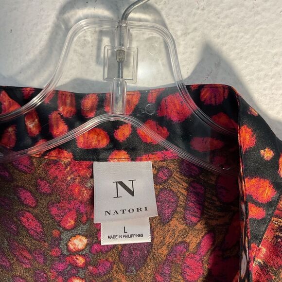 Natori Ladies Blouse Large Red Orange Satin Animal Print Tunic Oversized Relaxed - Picture 3 of 11
